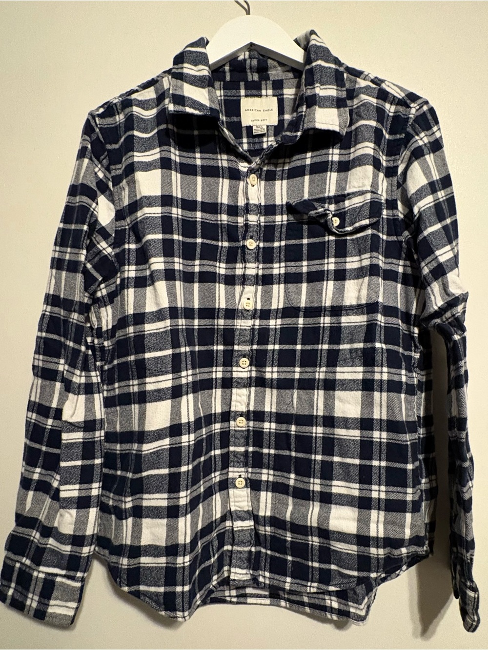 Men's Navy and White Plaid Button-Down Shirt